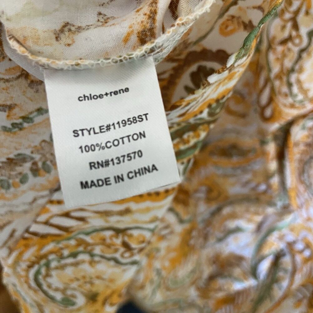 Chloe + Rene Tie V Neck Gold Green Paisley 100% Cotton Maxi Dress Size Small - Picture 6 of 10